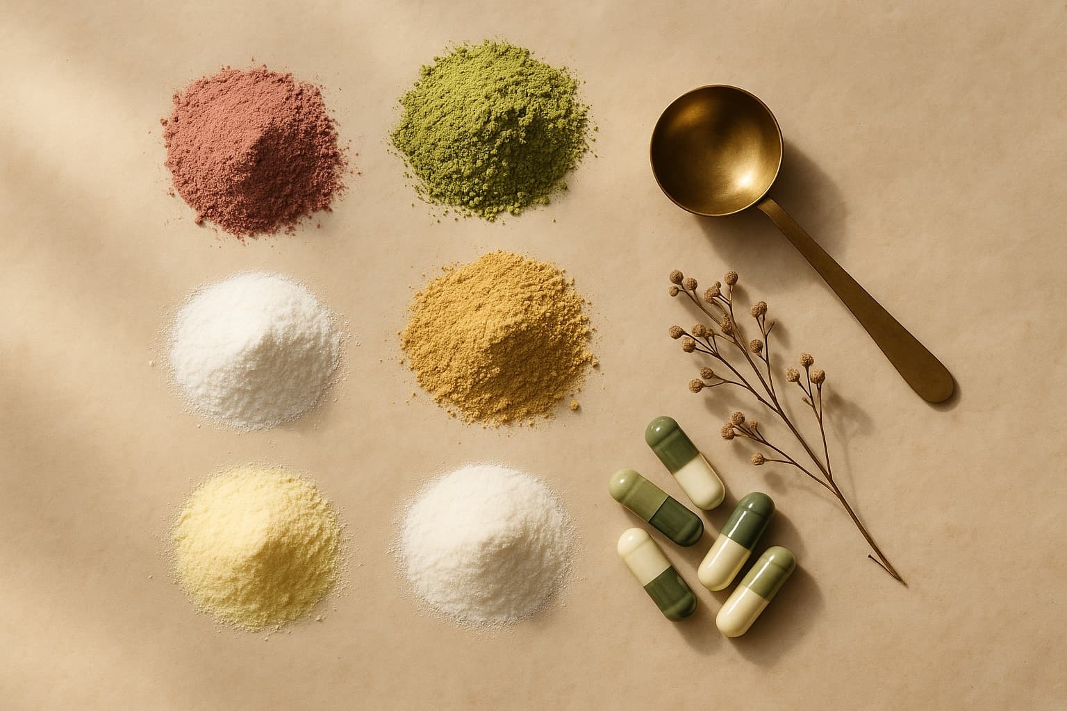 Heaps of colorful supplement powders beside a brass scoop and two-tone capsules, laid out overhead