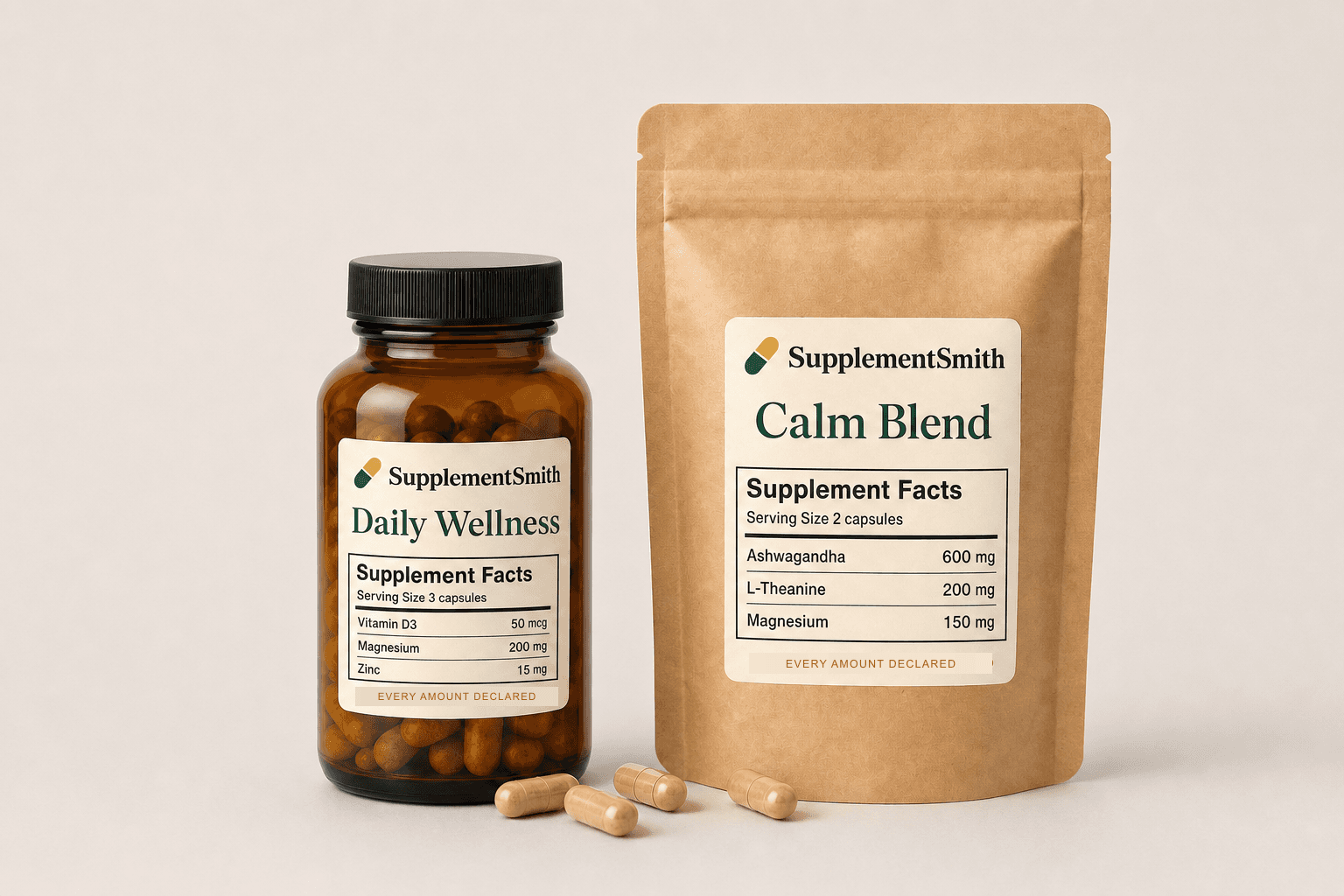 A single labeled kraft pouch of a custom supplement blend