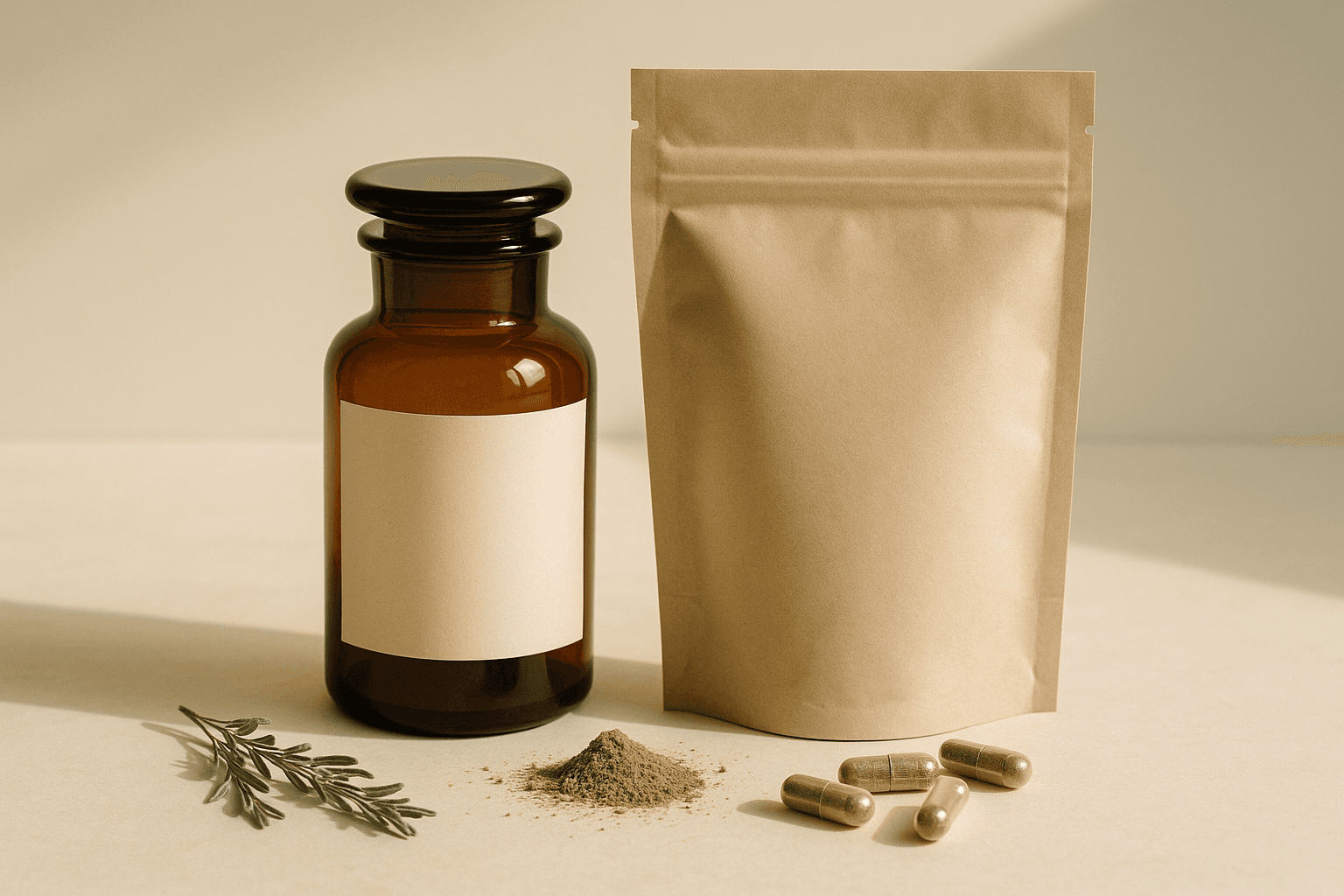 A finished apothecary jar and pouch of custom supplements