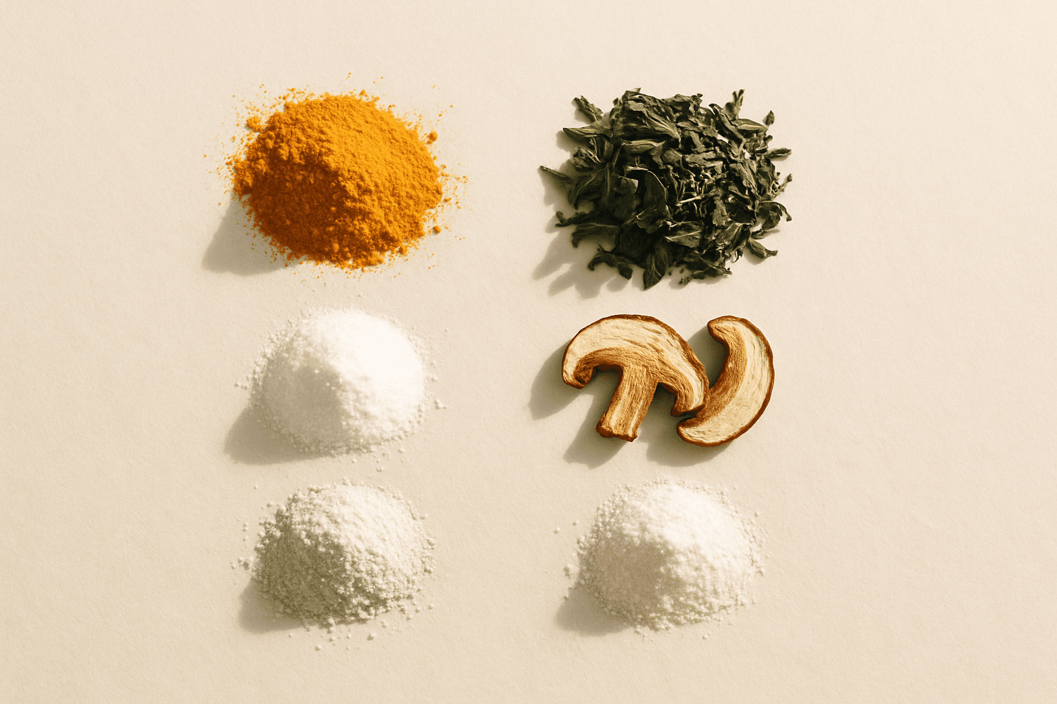 Individual supplement ingredients laid out on a surface