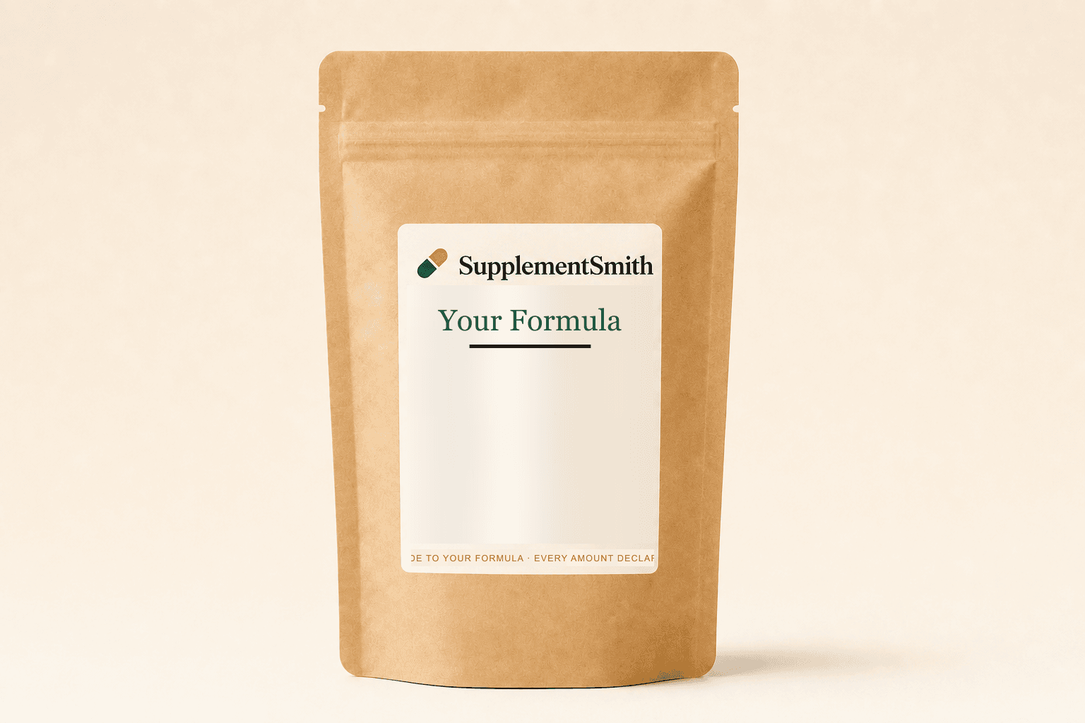 A resealable kraft pouch of supplement powder with a blank made-to-order label