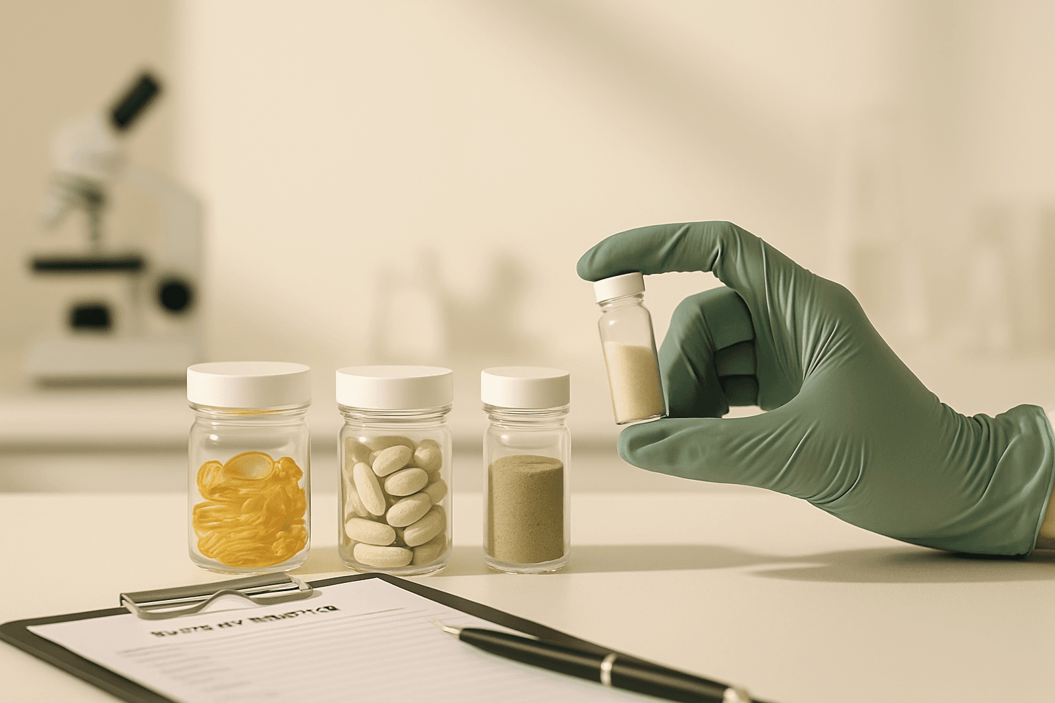 A quality-control check with a sample vial and clipboard