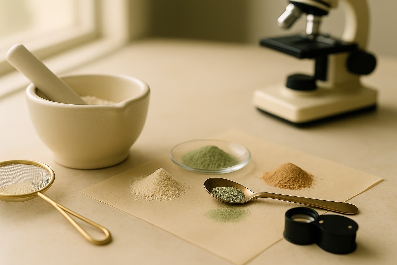 Supplement powders being ground in a mortar and examined with a loupe, sieve, and microscope