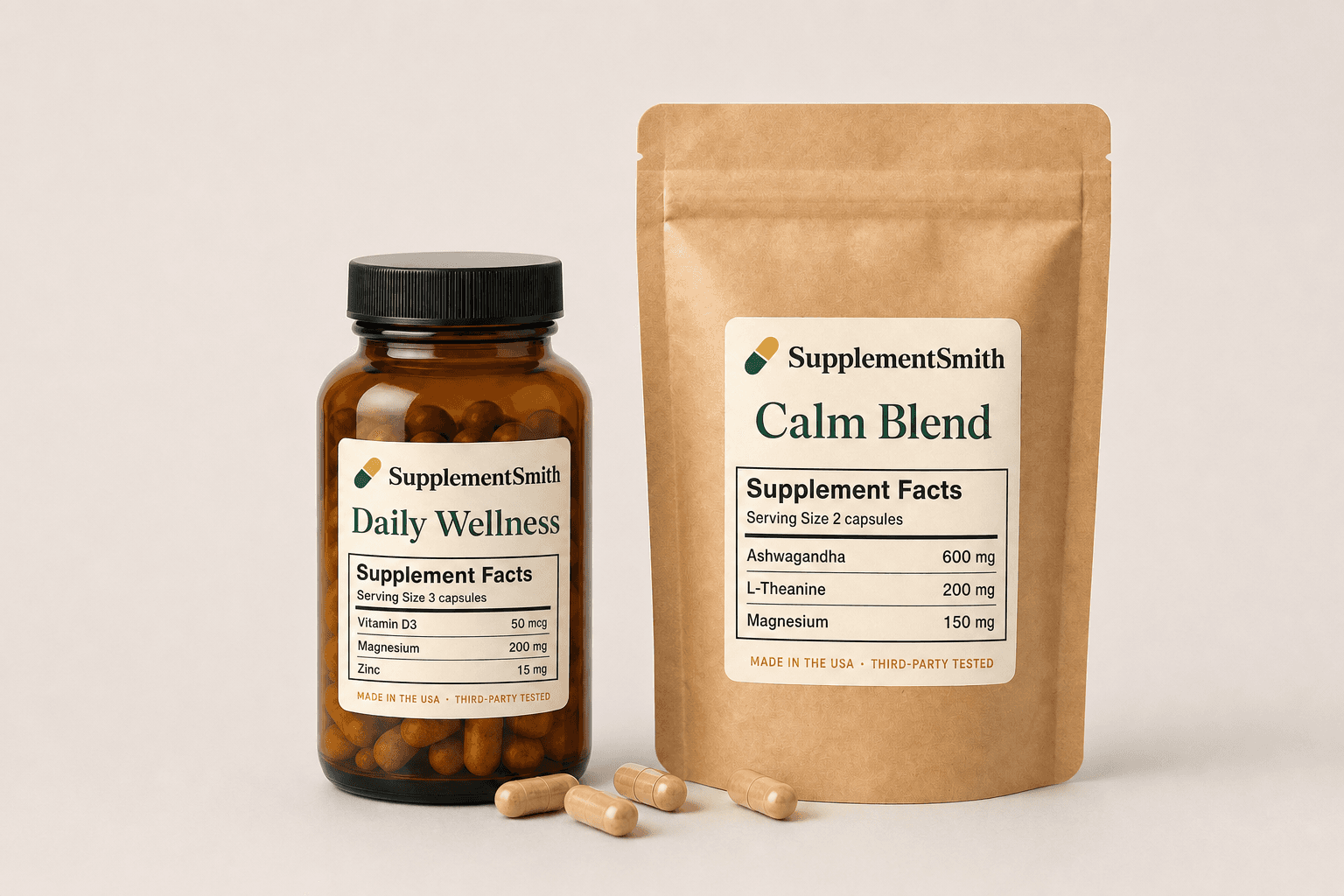 An amber apothecary jar and kraft pouch of custom supplements with botanicals, powder, and capsules